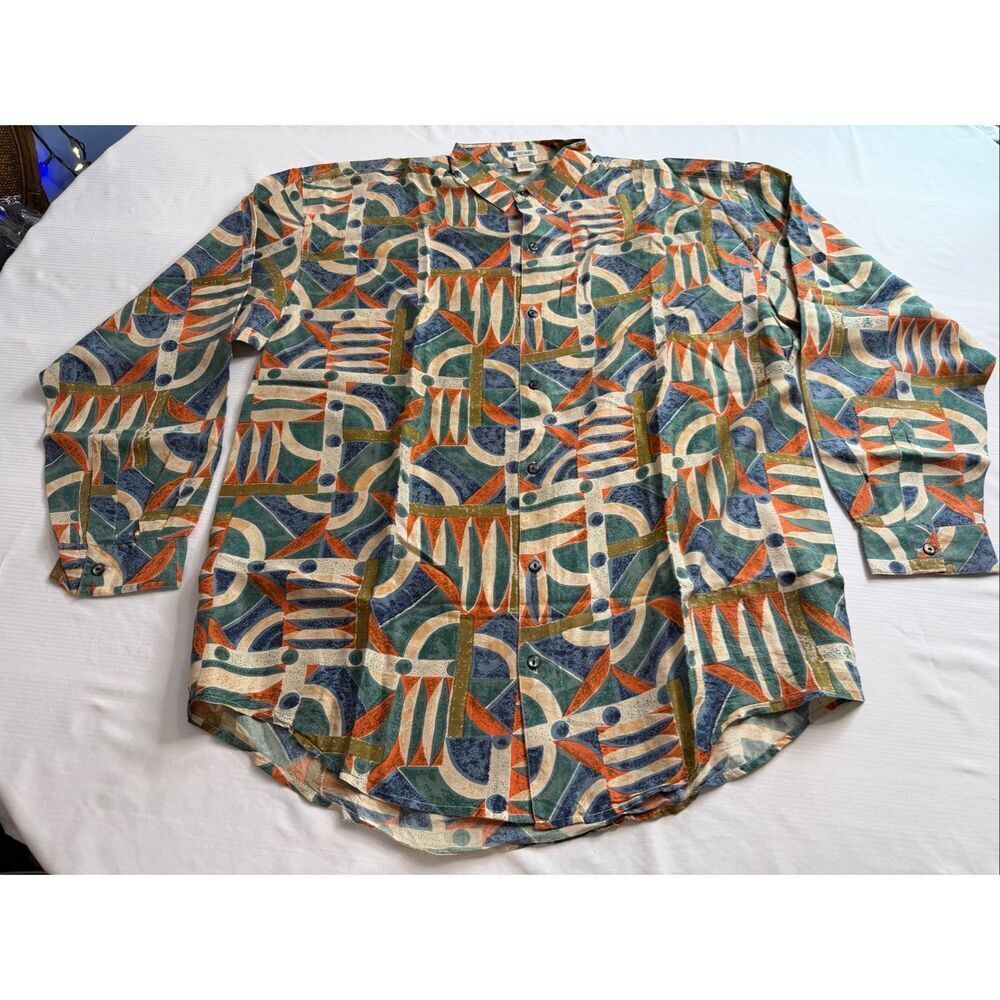 Kikomo Silk Geometric Vintage Button Down Silk Abstract Button Up Shirt Sz Large